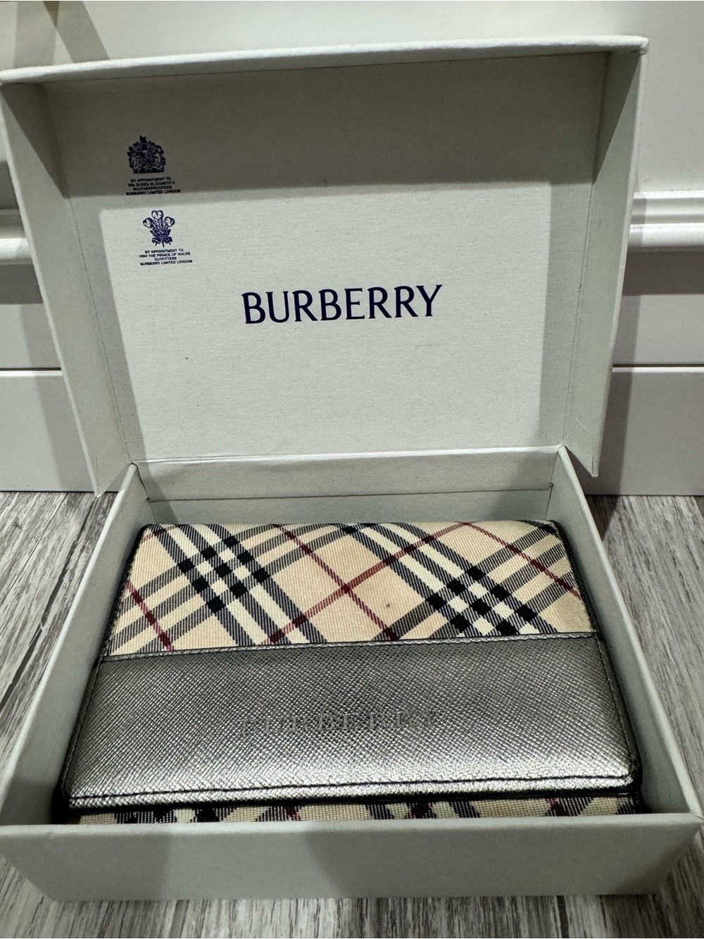 Burberry Beige Nova Check Wallet with Silver Leather Trim